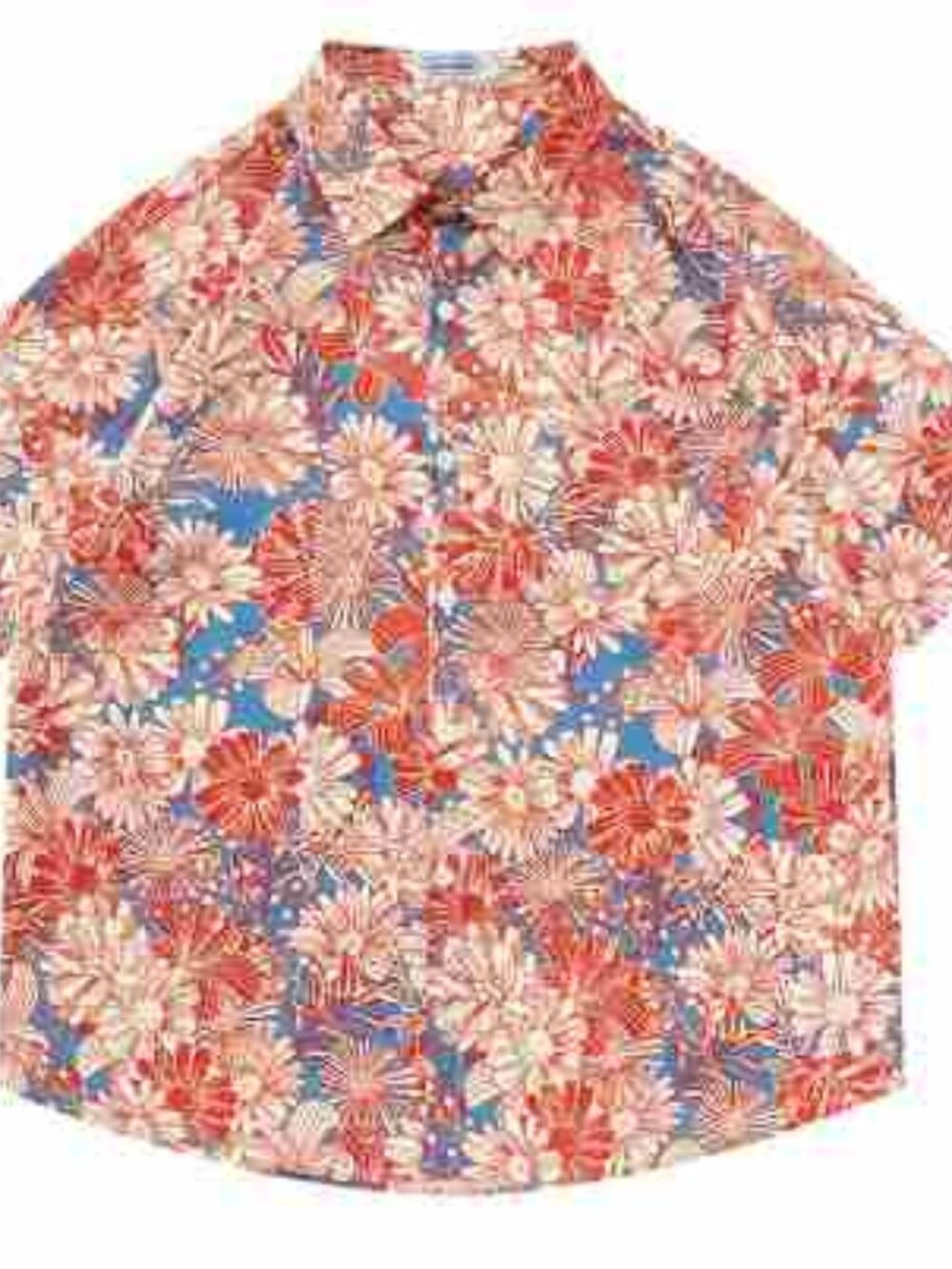 Red Blue Retro Floral Print Short Sleeve Shirt